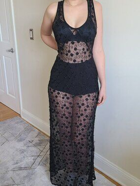 Princess Polly Black Sheer Mesh Embroidered Maxi Cotton Dress Goth Coquette US 8